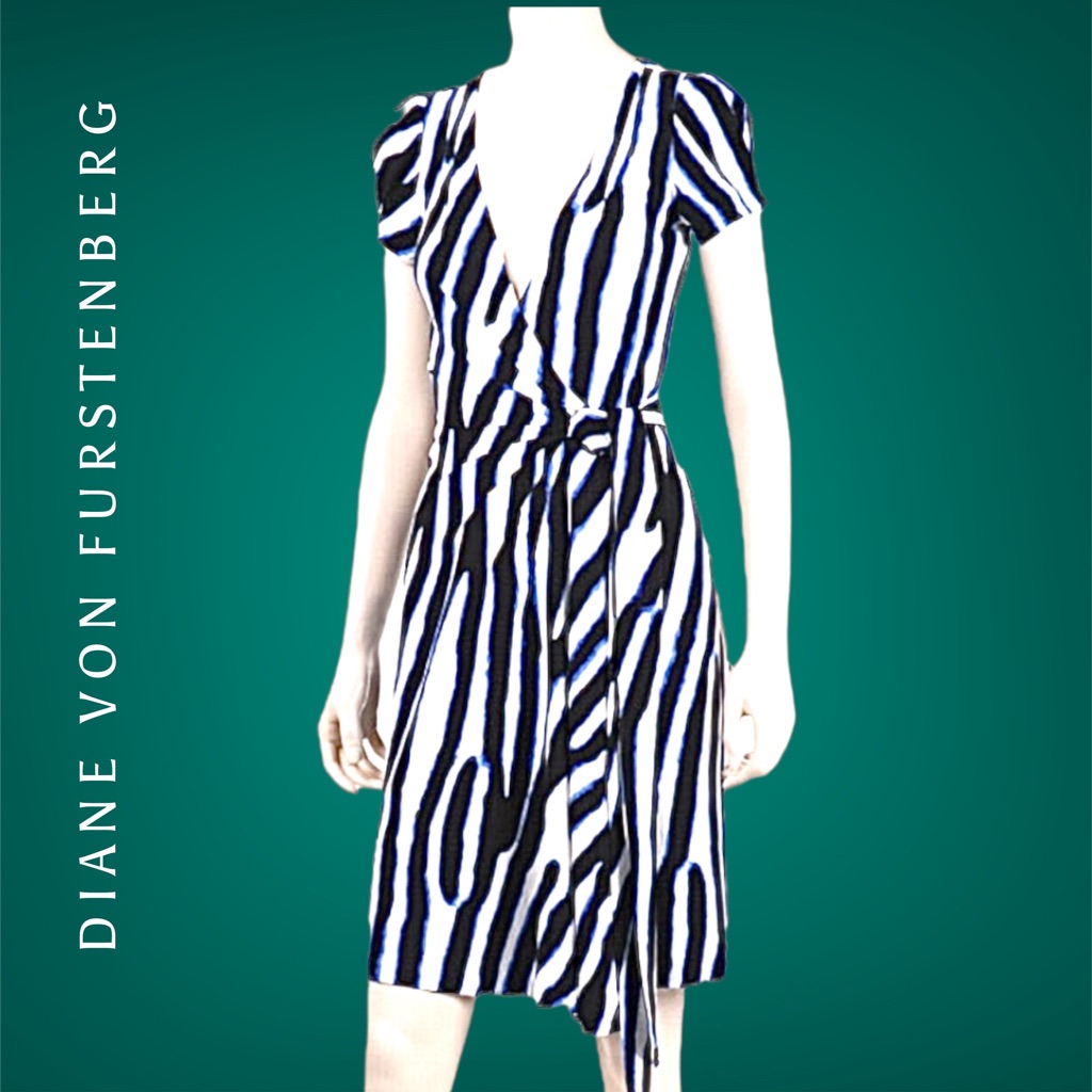 Diane Von Furstenberg Antonio Wrap Dress Black White Zebra Stripe Cap Sleeve 4